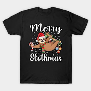 Merry Slothmas Christmas sloth pajamas Santa hat Xmas sloth T-Shirt